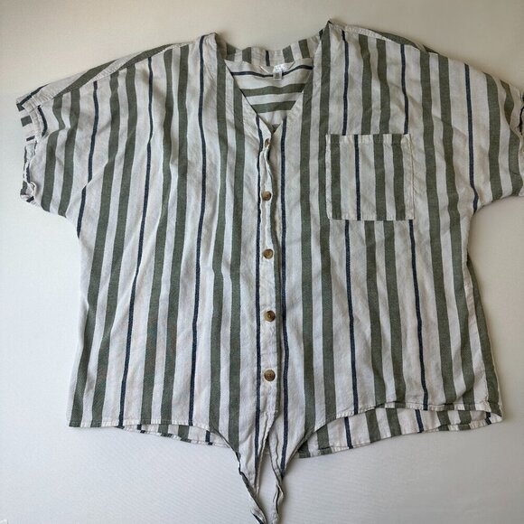 Time and Tru Shirt Womens 2XL White Green Striped Button Tie Front Short Sleeve - Picture 1 of 10